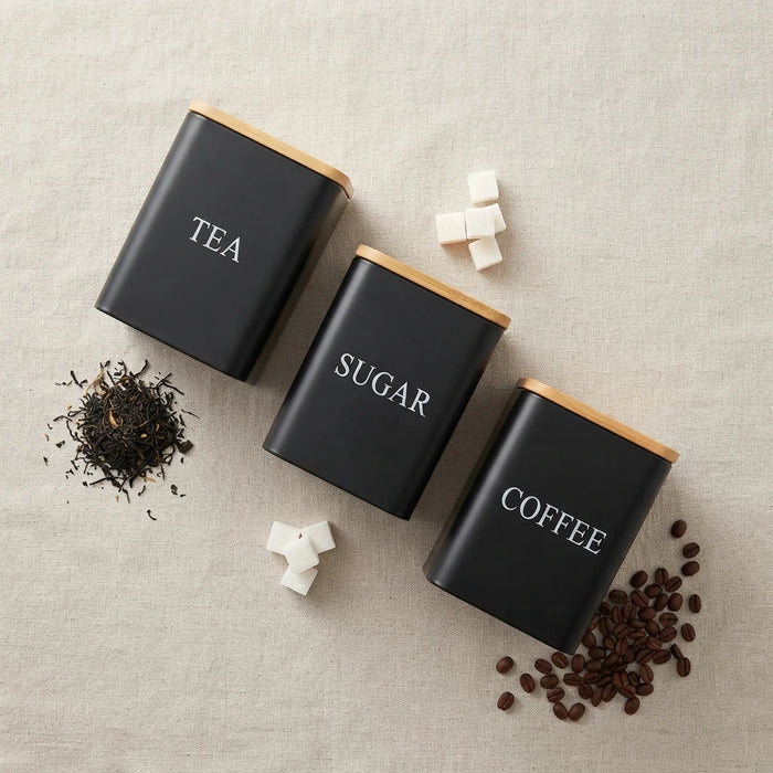 3-Piece Square Kitchen Canisters with Bamboo Lids for Coffee, Tea & Sugar