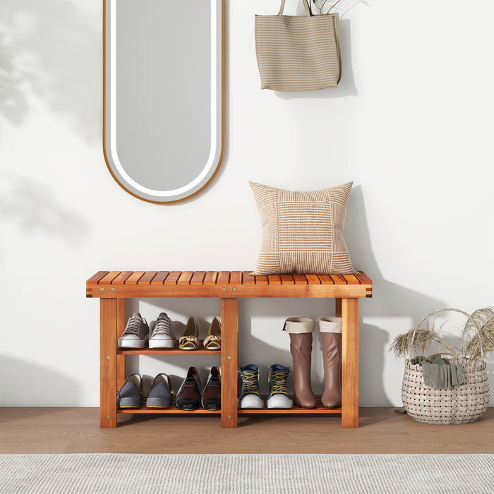 Acacia Wood Shoe Rack Bench 3-Tier Shoe Organizer Storage Shelf-M