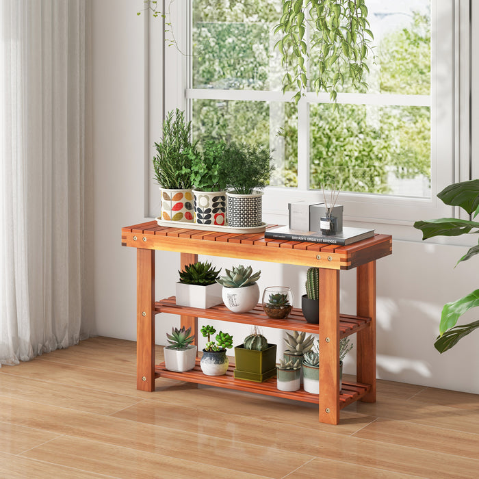 Acacia Wood Shoe Rack Bench 3-Tier Shoe Organizer Storage Shelf-M