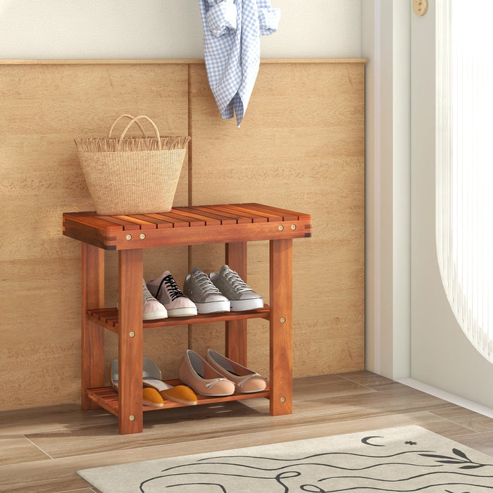 Acacia Wood Shoe Rack Bench 3-Tier Shoe Organizer Storage Shelf-M