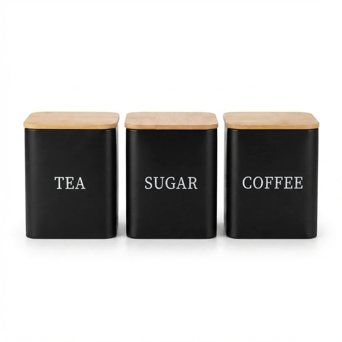 3-Piece Square Kitchen Canisters with Bamboo Lids for Coffee, Tea & Sugar