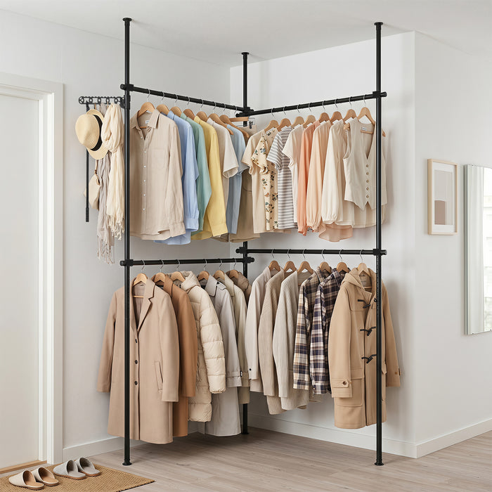 Adjustable Floor to Ceiling Clothes Rack with 2 Hanging Rods Folding Drying Rack and Reacher Pole-Black