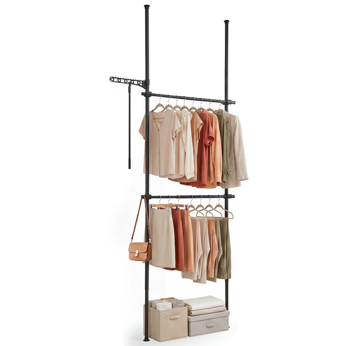 Adjustable Floor to Ceiling Clothes Rack with Double Rods & Folding Drying Rack for Laundry-White