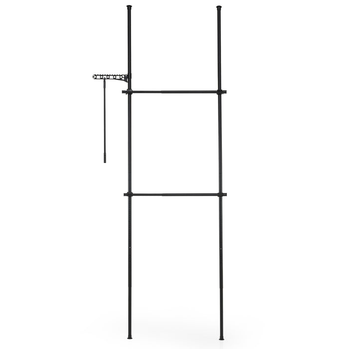 Adjustable Floor to Ceiling Clothes Rack with Double Rods & Folding Drying Rack for Laundry-White