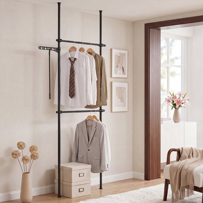Adjustable Floor to Ceiling Clothes Rack with Double Rods & Folding Drying Rack for Laundry-White