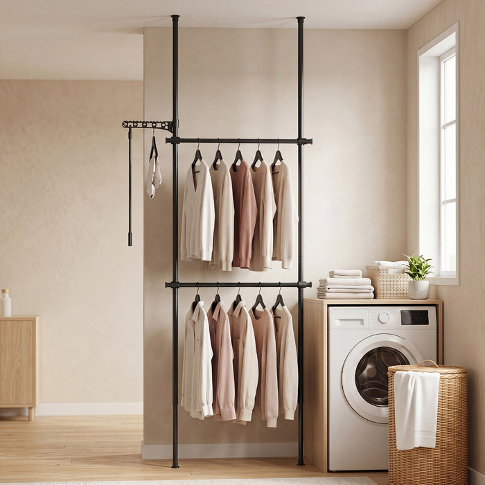 Adjustable Floor to Ceiling Clothes Rack with Double Rods & Folding Drying Rack for Laundry-White