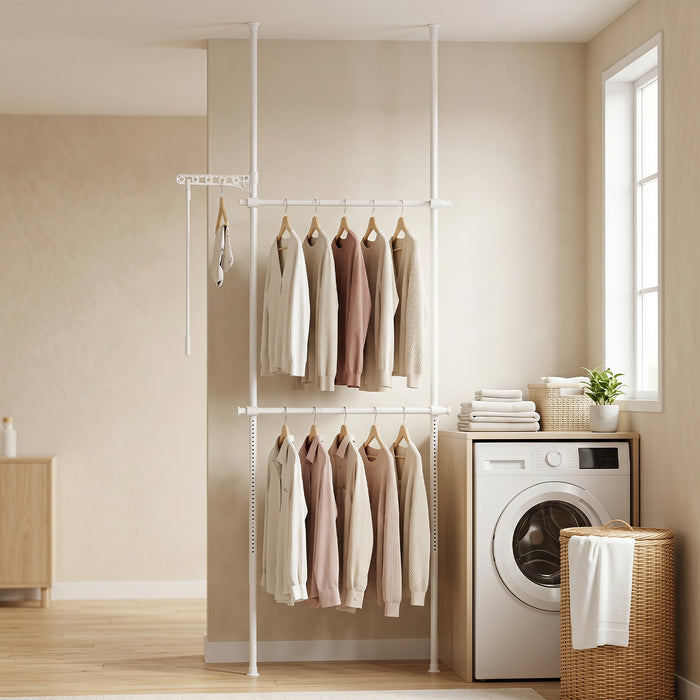 Adjustable Floor to Ceiling Clothes Rack with Double Rods & Folding Drying Rack for Laundry-White