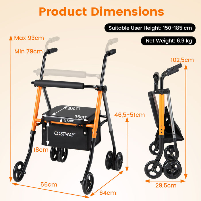 Adjustable Height Folding Lightweight Rollator Walker with Backrest-Black