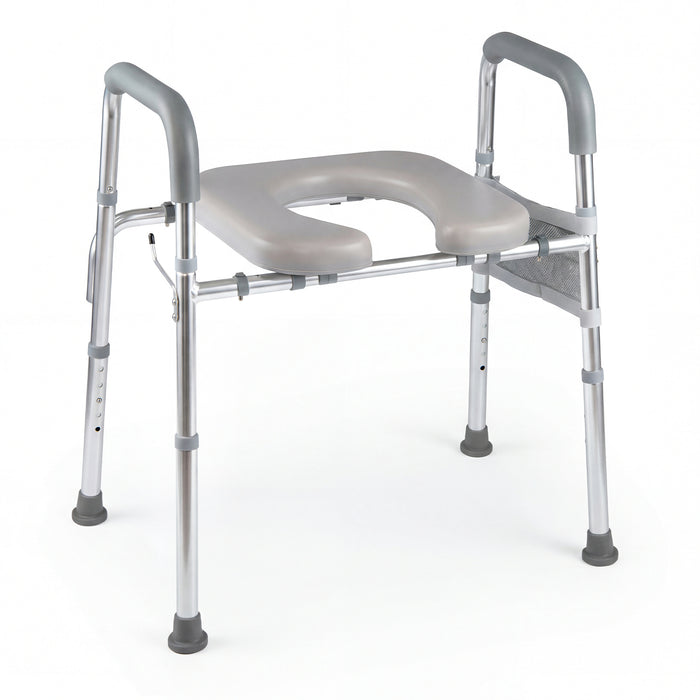 Adjustable Height and Width Raised Toilet Seat for Seniors with Padded Arms and Storage Bag-Silver