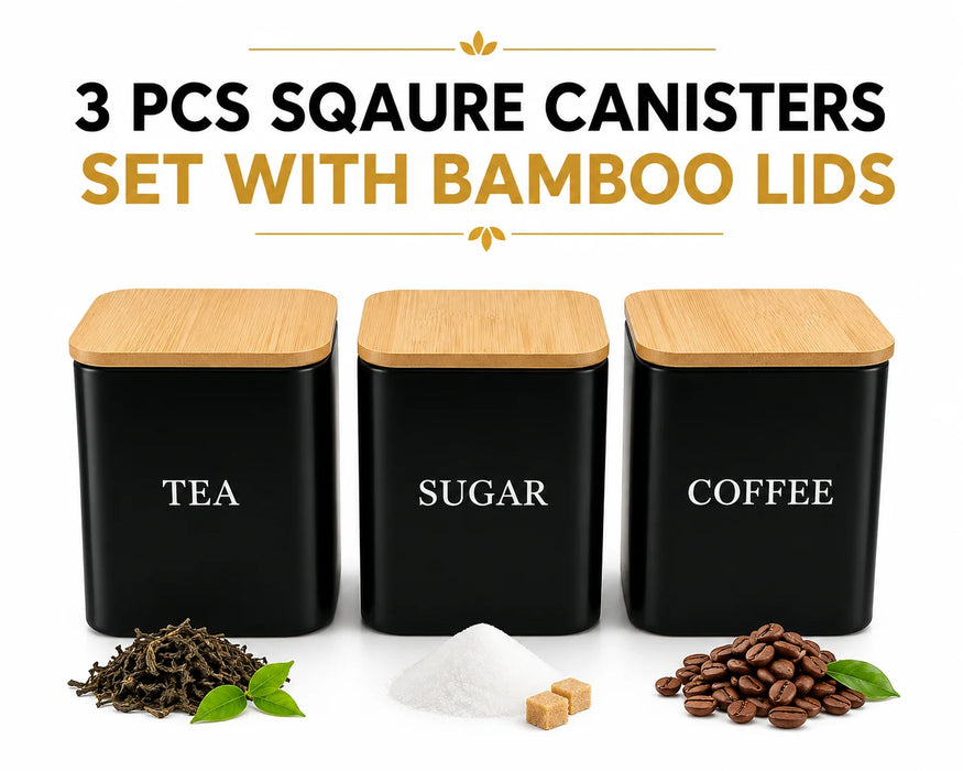 3-Piece Square Kitchen Canisters with Bamboo Lids for Coffee, Tea & Sugar