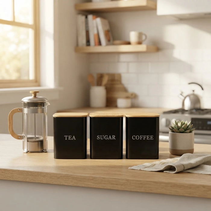 3-Piece Square Kitchen Canisters with Bamboo Lids for Coffee, Tea & Sugar
