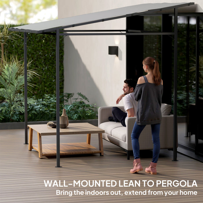 Outsunny 2.4 x 2.4 m Wall Mounted Pergola Gazebo with PA Coating Fabric, Metal Frame, UPF30+, Lean to Garden Gazebo, Light Grey