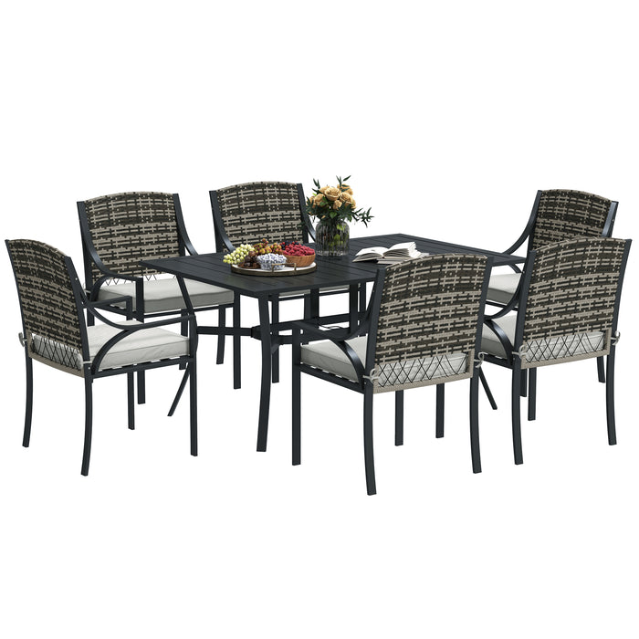 Outsunny Rattan Garden Furniture Set with Cushions, 6 Seater Rattan Dining Set with 6 Armchairs, 150 x 96cm Rectangular Table, Umbrella Hole, for Outdoor, Patio, Balcony, Terrace, Conservatory