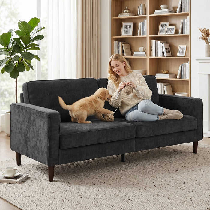 HOMCOM 3 Seater Sofa Button Tufted Upholstered Velvet Couch with Wood Legs for Living Room, Dark Grey