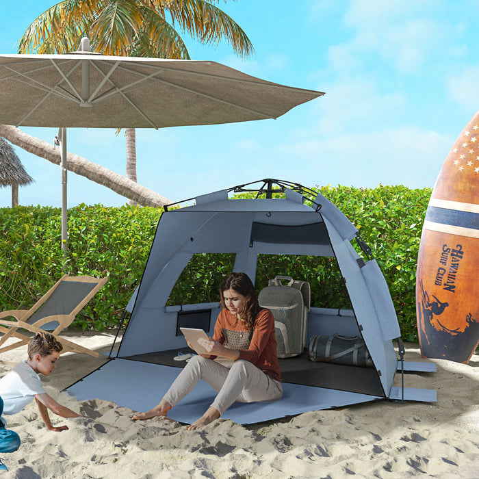 Pop Up Beach Tent for 2-3 People - UPF15+ Protection, Extended Floor, Sandbags, Ventilated Mesh Windows - Portable Sun Shelter for Family Outings