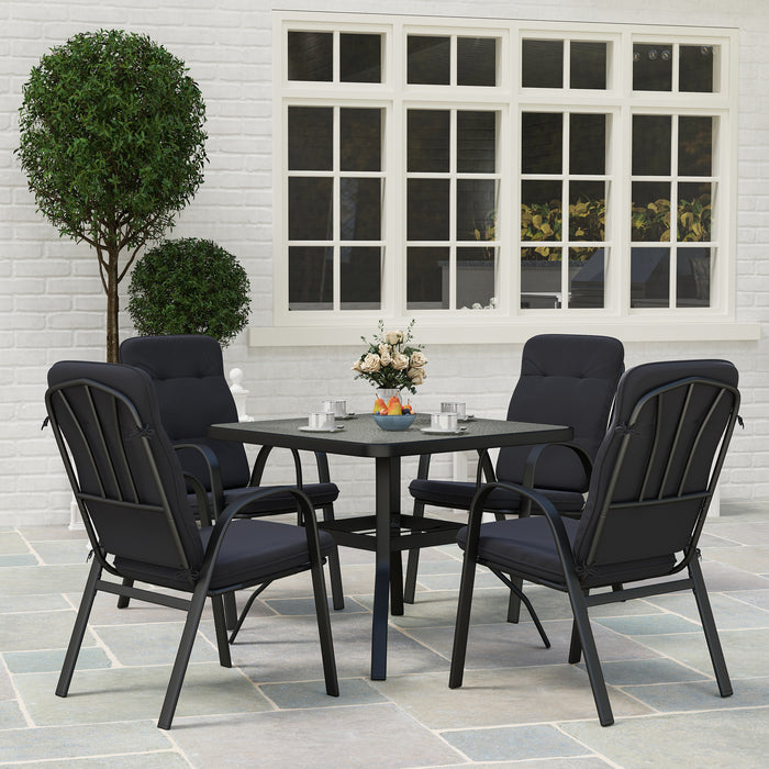 Outsunny 5 Pieces Outdoor Square Garden Dining Set w/ Tempered Glass Dining Table 4 Cushioned Armchairs, Umbrella Hole, Black