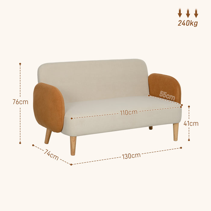 HOMCOM Small 2 Seater Sofa, Modern Nordic Loveseat Sofa Couch with Rubber Wood Legs, Velvet Fabric Sofa for Living Room, Bedroom, Small Space, 130 x 74 x 76cm, Cream White and Orange