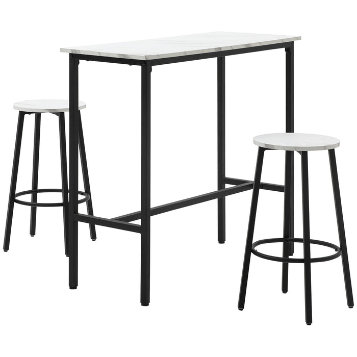 HOMCOM 3 Piece Bar Table and Stool Set for 2 with Stools Steel Frame Footrest for Kitchen Living Room Small Space White