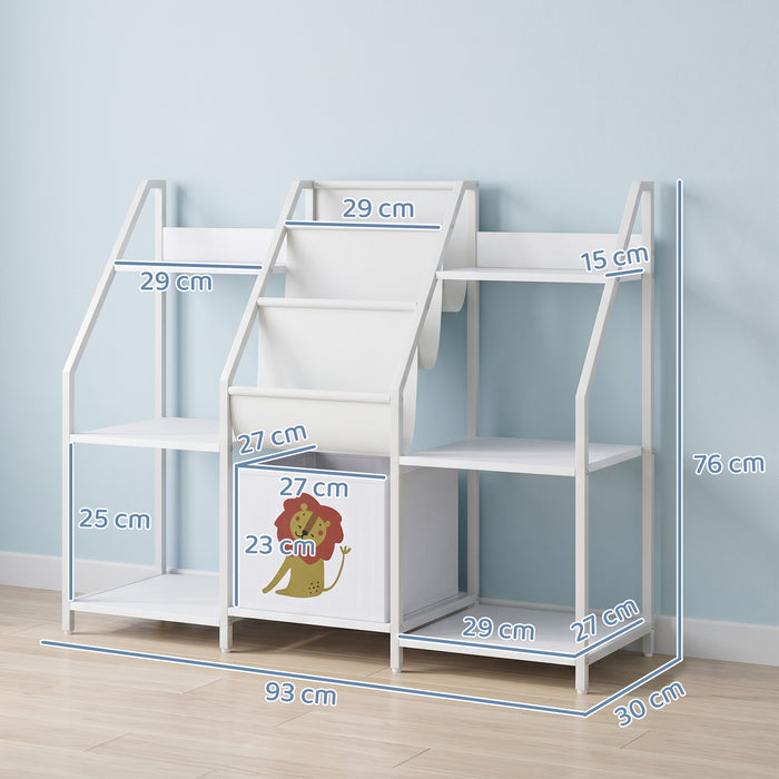 AIYAPLAY Kids Bookshelf and Toy Storage with 3-Tier Sling Book Rack and Fabric Drawer for Nursery, Bedroom, Playroom, White