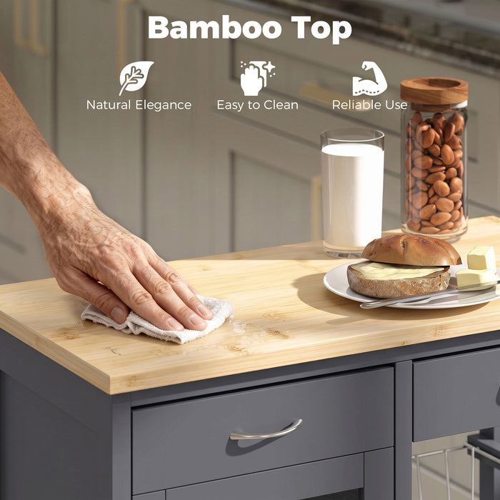 HOMCOM Bamboo Kitchen Island, Rolling Kitchen Trolley with Glass Door, 2 Metal Wire Baskets and Adjustable Shelf, Grey