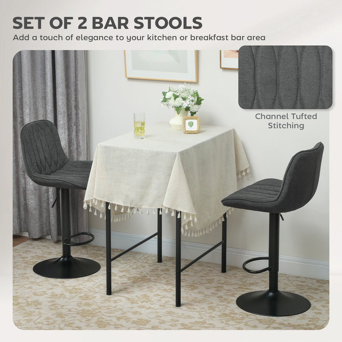 HOMCOM Bar Stools Set of 2, Height Adjustable Swivel Barstools with Backrest and Footrest, Modern Linen Upholstered Armless Bar Chairs for Kitchen, Breakfast Counter, Charcoal Grey