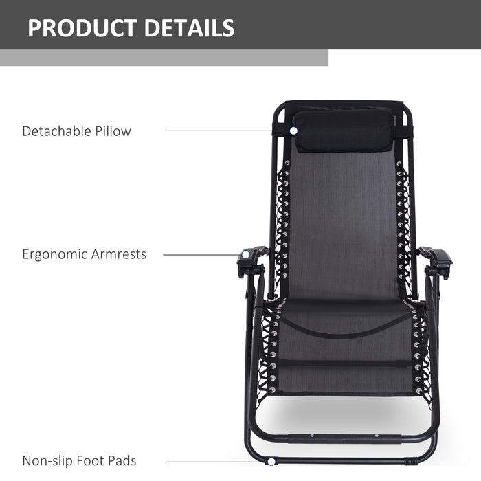 Outsunny Zero Gravity Chair Set of 2, Metal Frame Texteline Armchair Outdoor Folding and Reclining Sun Lounger with Head Pillow for Patio Decking Gardens Camping, Black