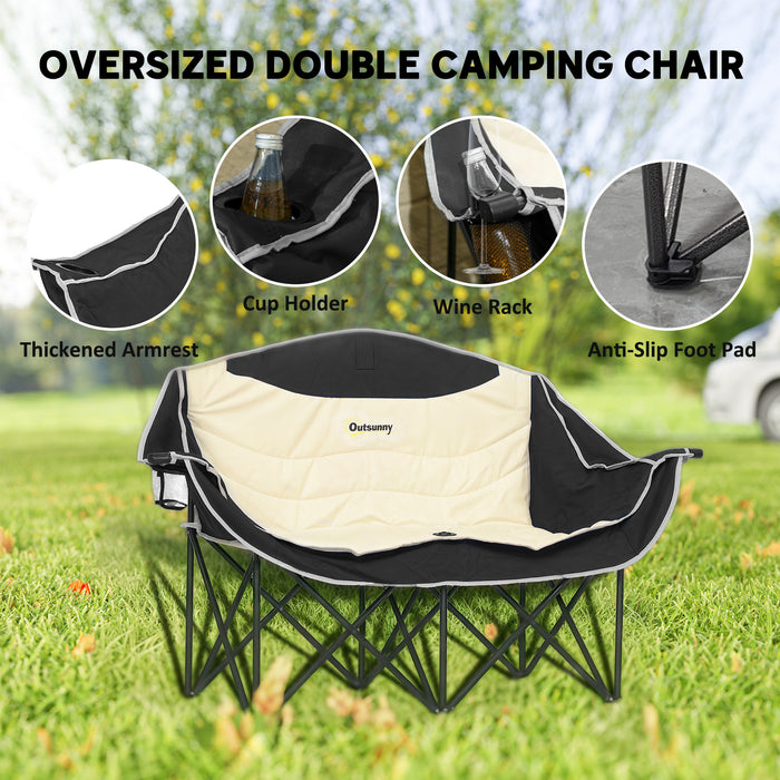 Outsunny Double Camping Chair for Adults, Oversized Heavy Duty Padded Folding Chair with Armrests, Cup Holders and Carry Bag for Outdoor Camping Hiking Picnic Fishing, 250kg Capacity, Khaki