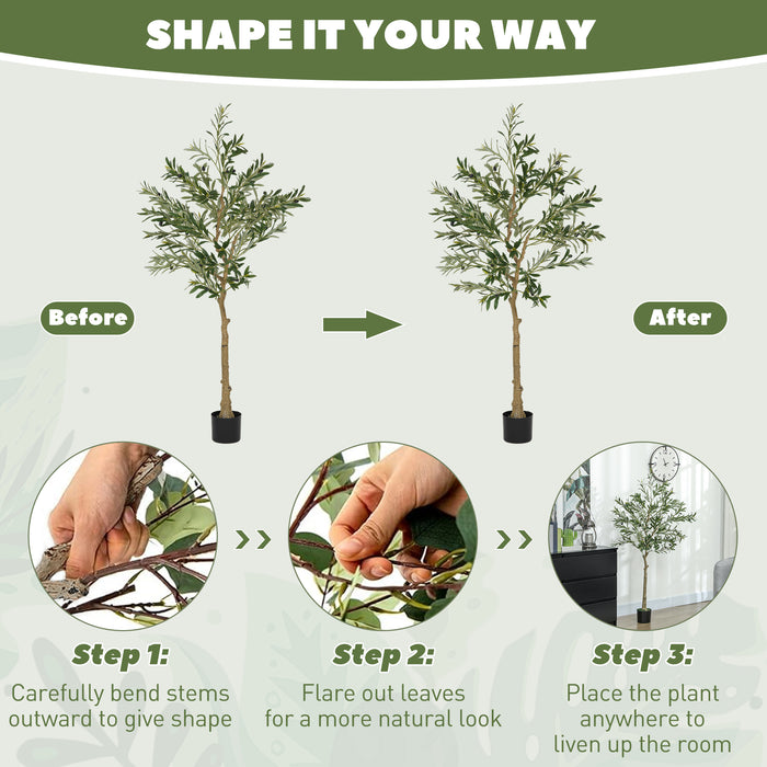 HOMCOM Set of 2 5ft/ 150cm Decorative Artificial Plant, Silk Olive Tree with 720 Leaves and 32 Olive Fruits in Pot, Fake Plant for Home, Office, Living Room, Indoor Decor