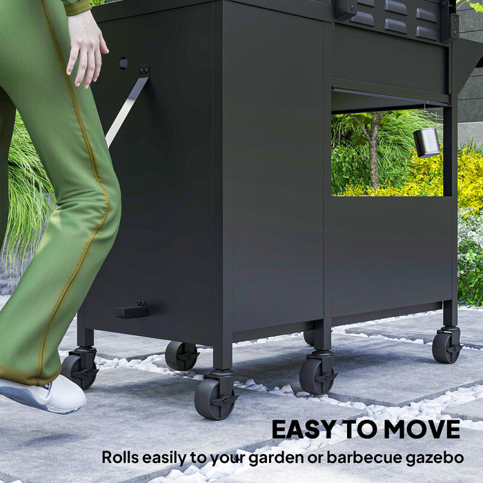 Outsunny 3+1 Burner Gas BBQ Grill with Storage Cabinet and Shelves, 11.6 kW Gas Barbecue Trolley with 6 Castor Wheels, Warming Rack, Thermometer for Outdoor Cooking Garden Party, Black