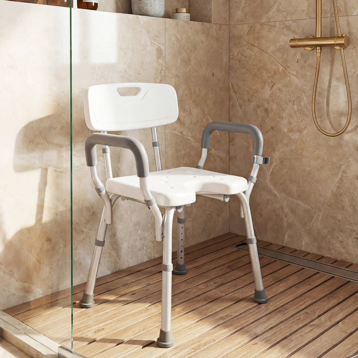 Shower Chair Height Adjustable with Backrest and Padded Armrests-Silver