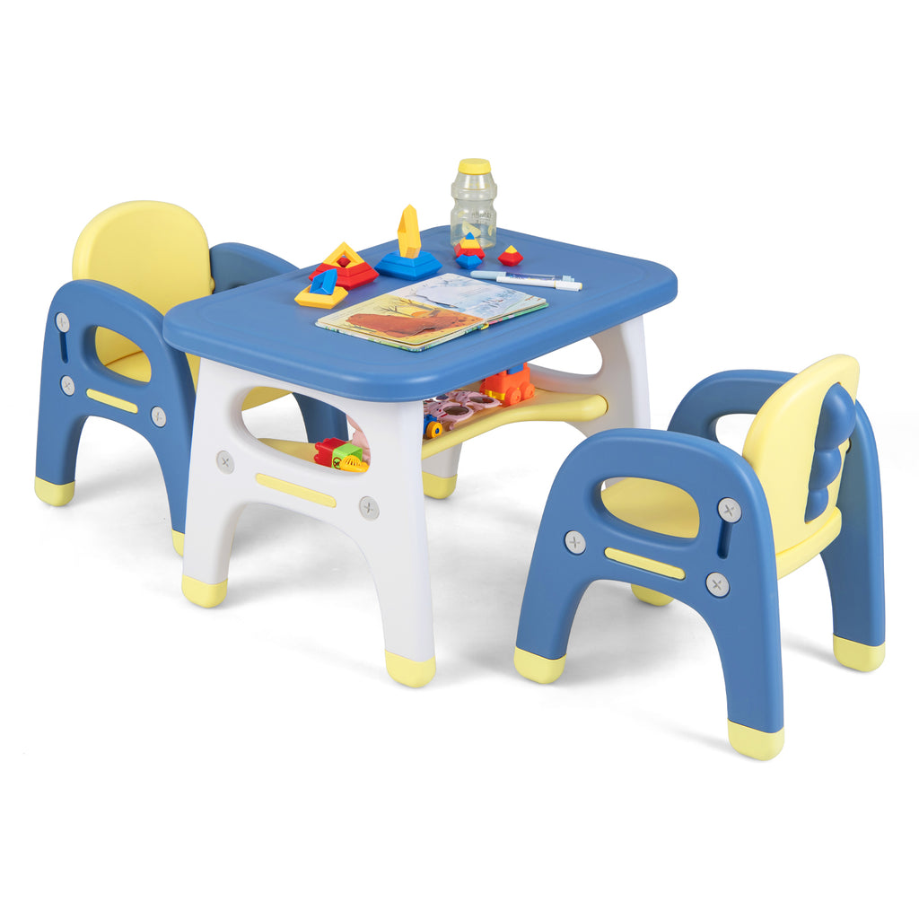 Kids Table and 2 Chairs Set with Storage Shelf and Building Blocks-