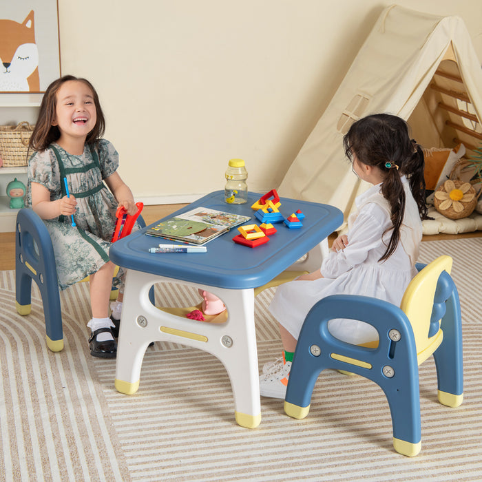 Kids Table and 2 Chairs Set with Storage Shelf and Building Blocks-