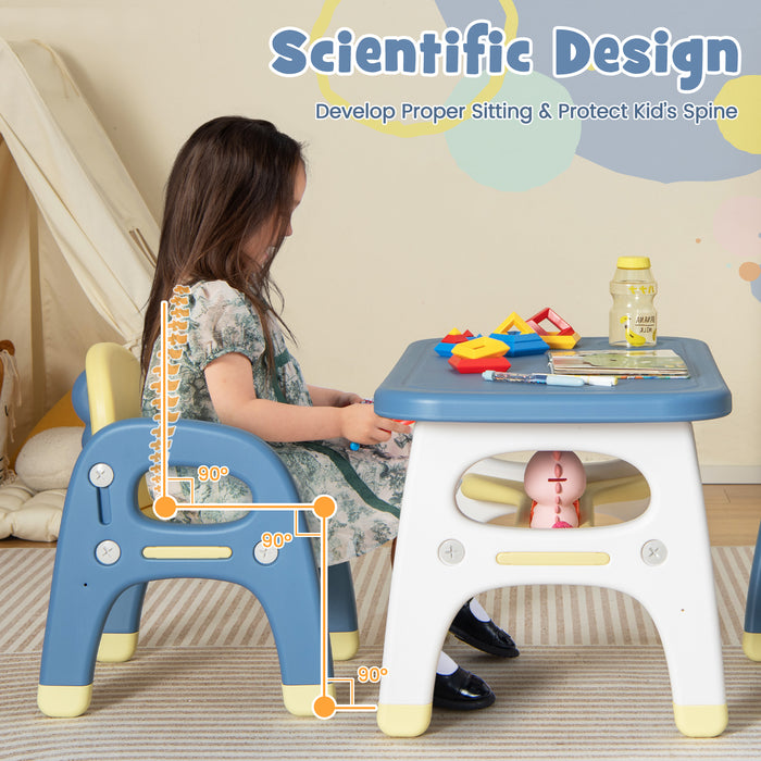 Kids Table and 2 Chairs Set with Storage Shelf and Building Blocks-