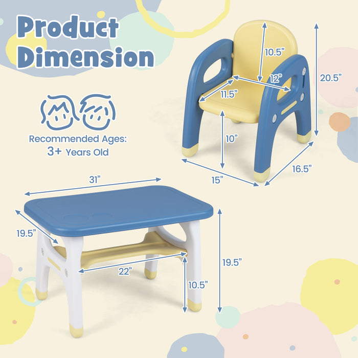 Kids Table and 2 Chairs Set with Storage Shelf and Building Blocks-