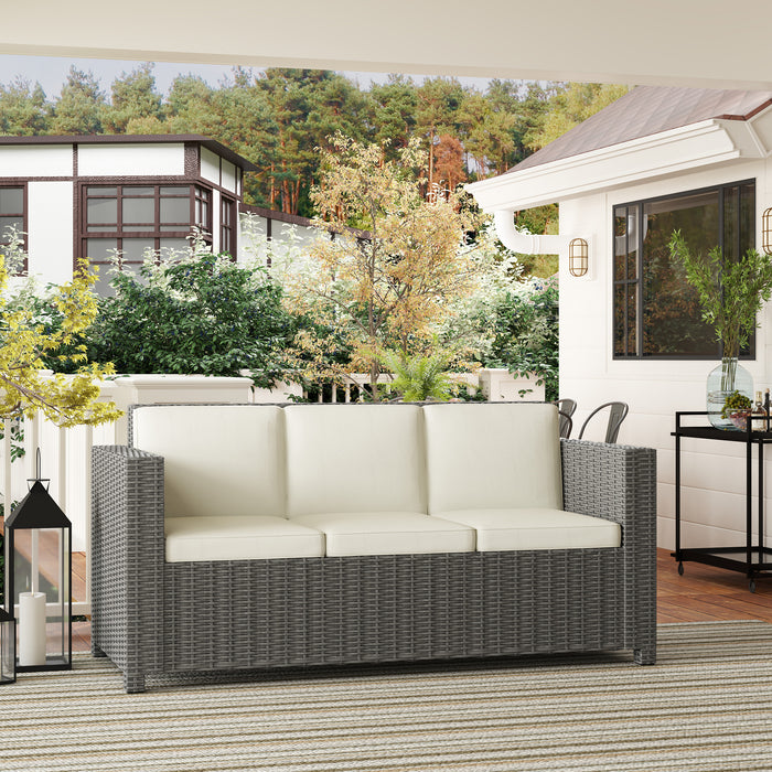 Outsunny 3 Seater Rattan Sofa All-Weather Wicker Weave Metal Frame Chair with Fire Resistant Cushio-Cream
