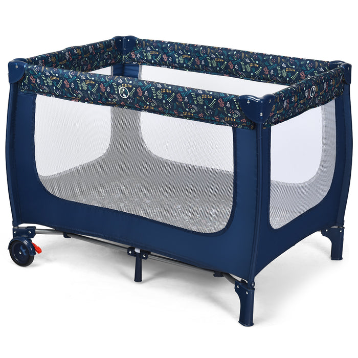 2-in-1 Foldable Baby Playpen with Lockable Wheels and Mattress-