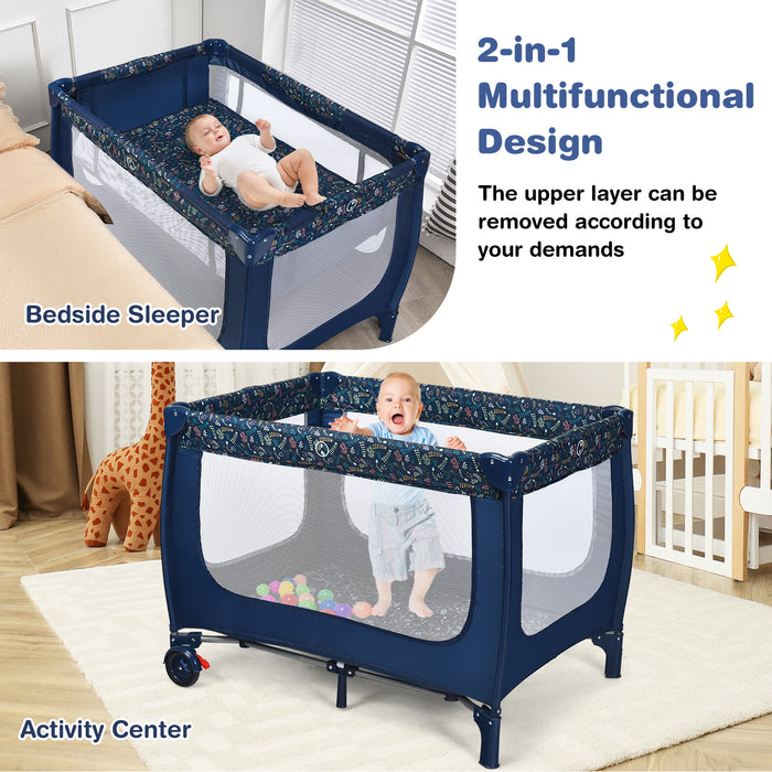 2-in-1 Foldable Baby Playpen with Lockable Wheels and Mattress-