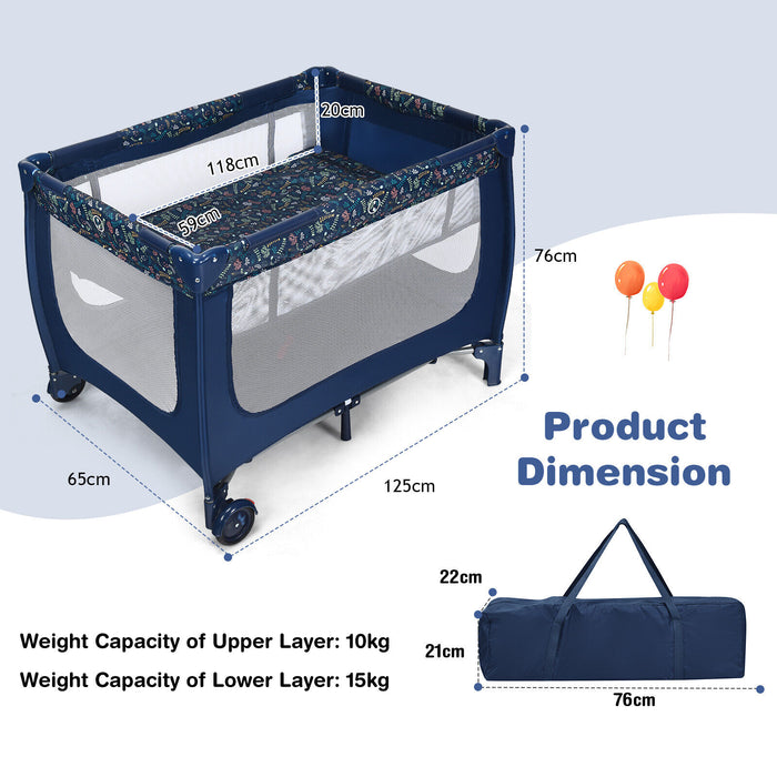 2-in-1 Foldable Baby Playpen with Lockable Wheels and Mattress-