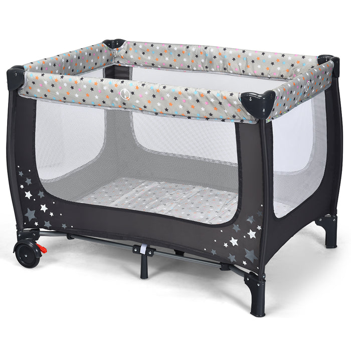 2-in-1 Foldable Baby Playpen with Lockable Wheels and Mattress-