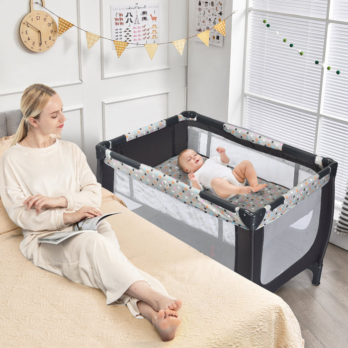 2-in-1 Foldable Baby Playpen with Lockable Wheels and Mattress-