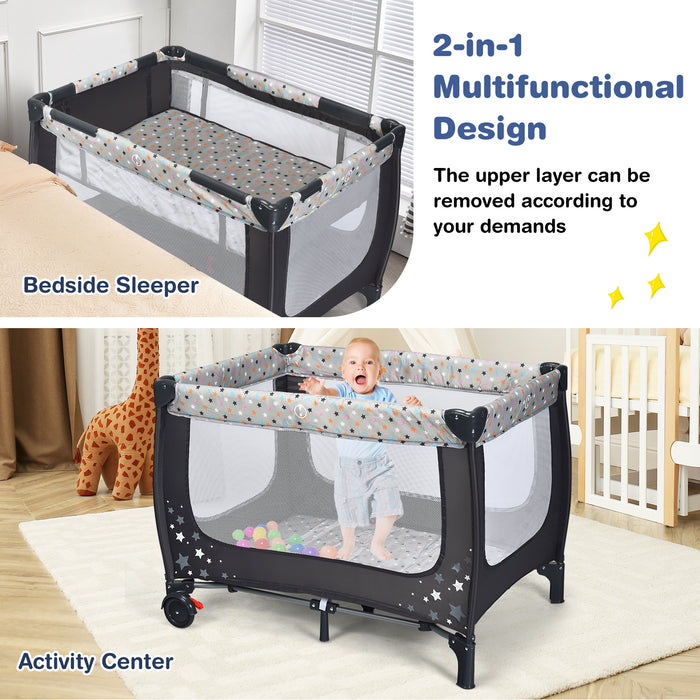 2-in-1 Foldable Baby Playpen with Lockable Wheels and Mattress-
