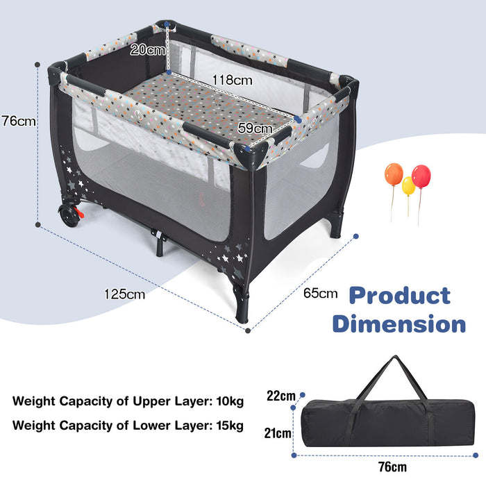 2-in-1 Foldable Baby Playpen with Lockable Wheels and Mattress-