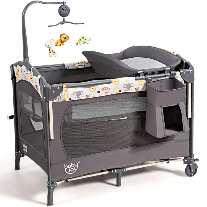 3-in-1 Foldable Baby Travel Cot with Changing Tab and Mattress-