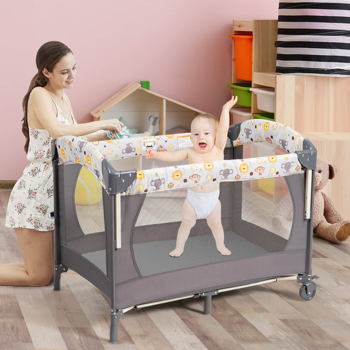 3-in-1 Foldable Baby Travel Cot with Changing Tab and Mattress-