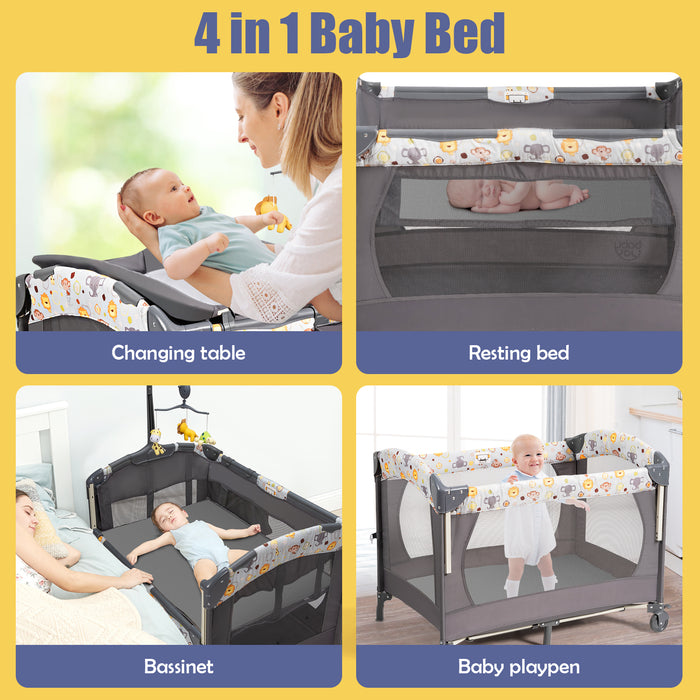 3-in-1 Foldable Baby Travel Cot with Changing Tab and Mattress-