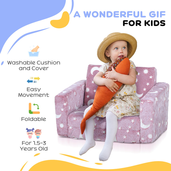 Kids Foldable 2-in-1 Chair with Glow-in-the-Dark Stars and Moon - Washable Cushion & Durable Cover, Blue - Perfect for Children's Creative Playtime and Relaxation