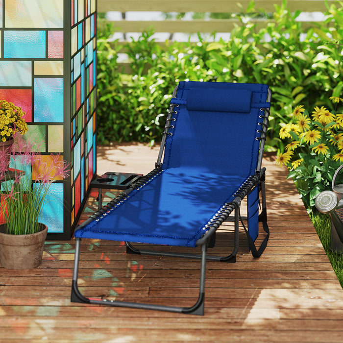 Outsunny Folding Sun Lounger with Side Table, 5-Level Adjustable Reclining Sun Lounger Chair, Portable Garden Recliner Sunbed with Side Pocket, Head Pillow for Patio, Beach, Dark Blue