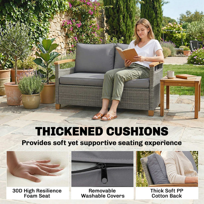 Outsunny 2 Seater Rattan Garden Sofa, Outdoor Sofa with Thickened Cushions and Acacia Wood Armrests, Dark Grey