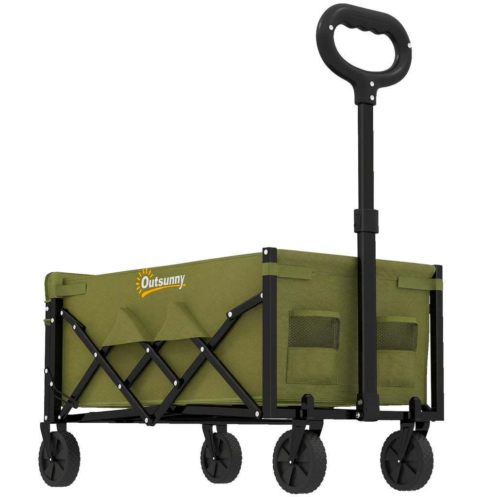 Outsunny 60L Foldable Festival Trolley on Wheels, Collapsible Wagon Cart with Drop-Down Tailgate, Adjustable Handle, Green