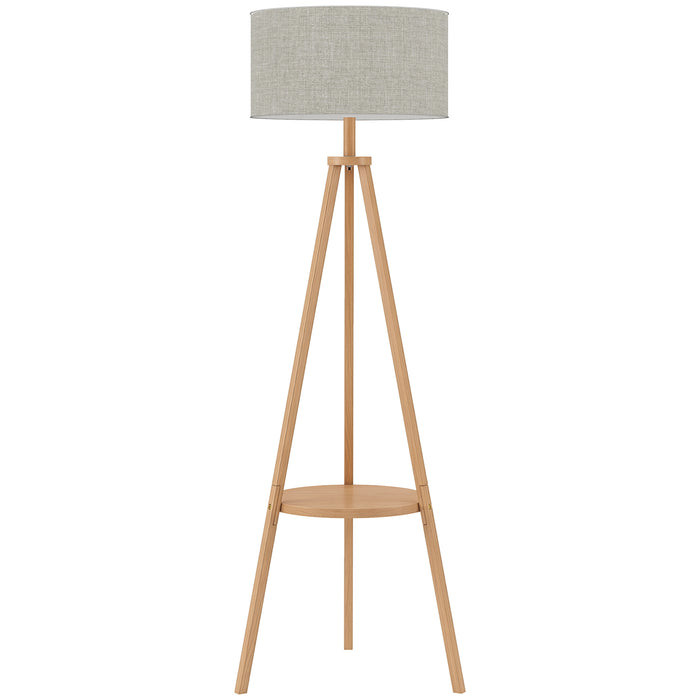 HOMCOM Bedside Light, Tripod Floor Lamp with Storage Shelf and Linen Shade for Living Room, 160cm, Natural Wood Colour